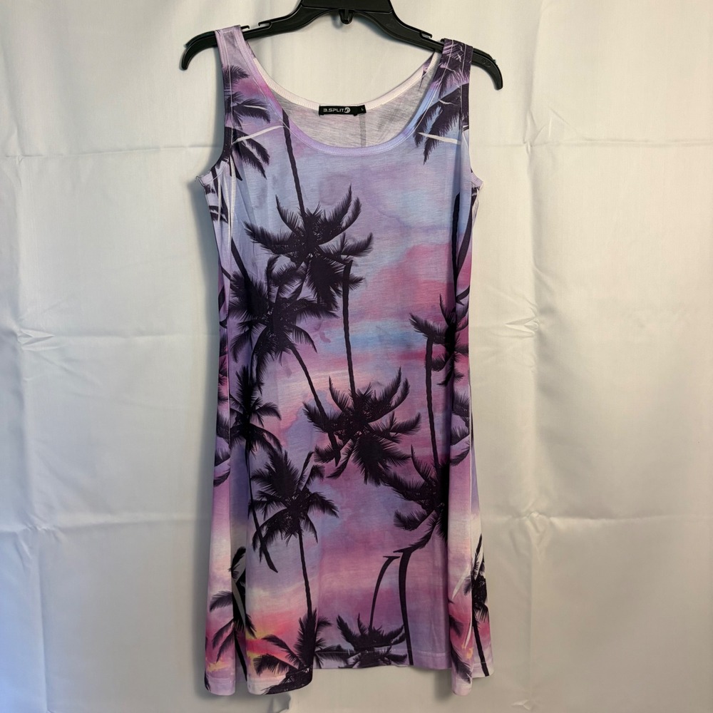 B.Split Women Palm Tree Sunset Print Sleeveless Mini Dress Purple Pink Large